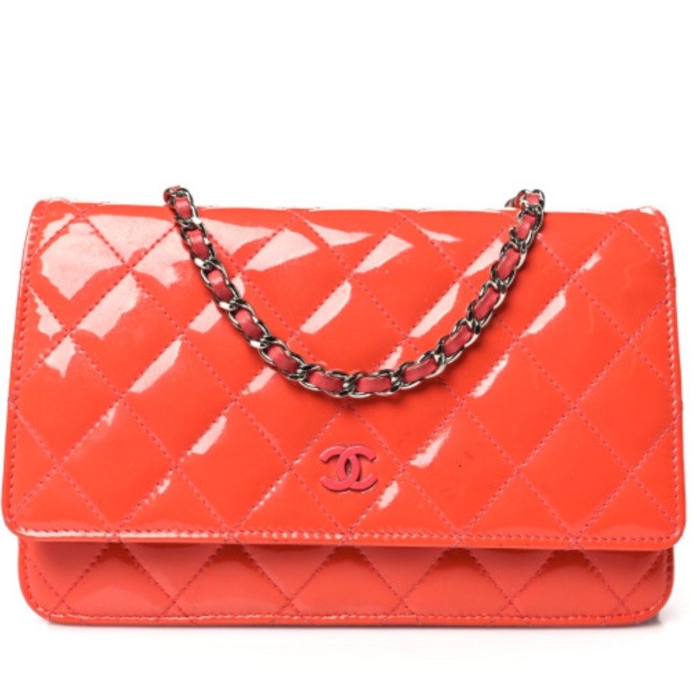 Chanel Patent Quilted Wallet On Chain WOC Dark Pink
